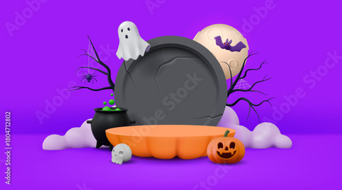 Halloween background. 3d cute pumpkin, party candle and stage, empty podium with october lanterns. Fun bat theme. Product presentation render isolated 3d cartoon elements. Vector elements