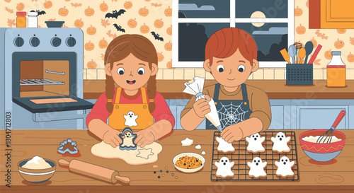 Children Baking Halloween Cookies Together in a Cozy Kitchen.