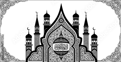 Islamic mosque illustration, Arabic calligraphy, ornate architecture, black and white art, religious design, cultural heritage, floral motif, sacred symbol, traditional ornament