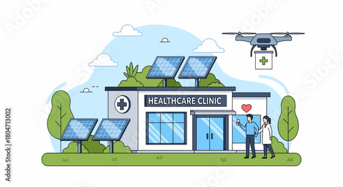 Sustainable medical facility integrating solar panels and advanced drone technology for efficient healthcare delivery
