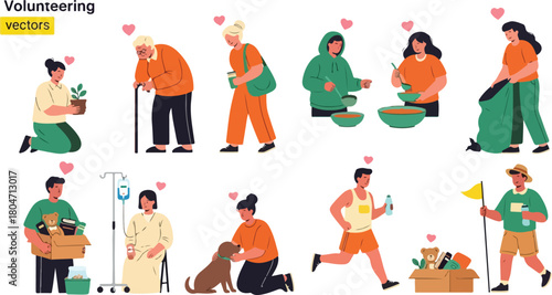 Diverse individuals engaging in various acts of community service and volunteering activities.