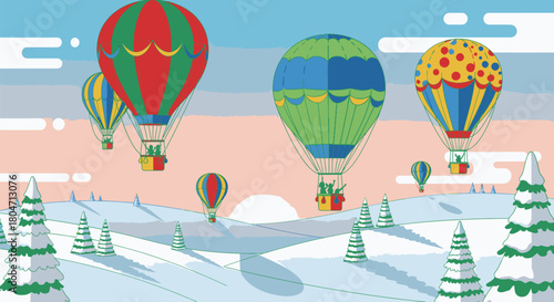 Colorful Hot Air Balloons Floating Over a Snowy Winter Landscape.