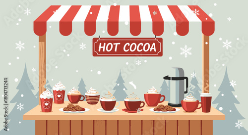 Hot Cocoa Stand with Festive Red and White Awning.