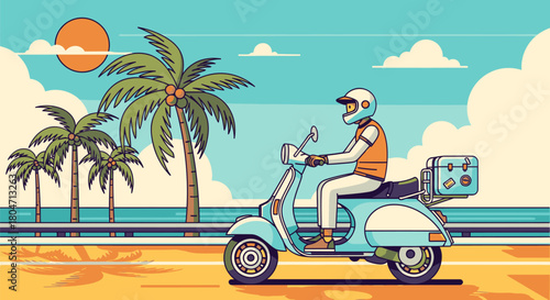 Illustration of a Man Riding a Scooter on a Tropical Beach.