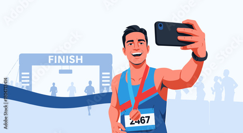 Marathon Runner Captures Victory with a Selfie at the Finish Line.