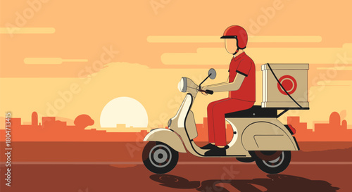 Delivery driver on scooter with package against sunset backdrop.