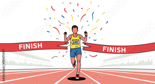 Marathon Runner Breaking Finish Line Tape in Victory.