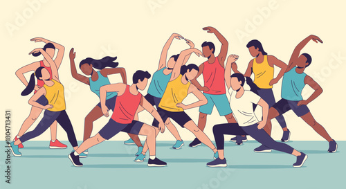 Diverse Group Engaged in Synchronized Stretching Exercise.