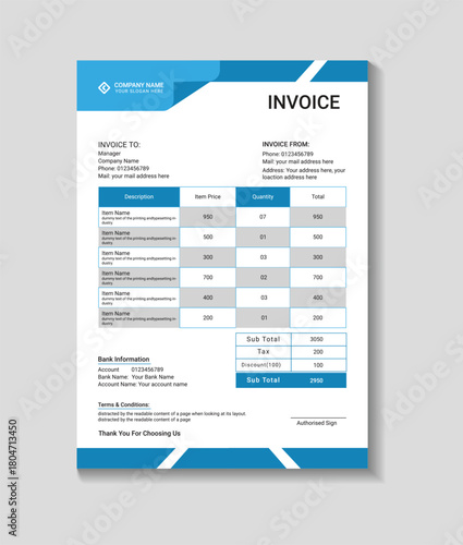 Modern professional digital invoice template with blue accents