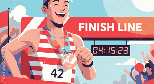 Marathon Runner Celebrates Victory at Finish Line with Medal.