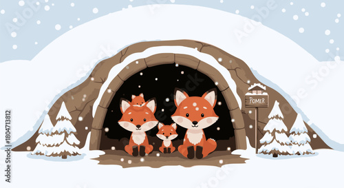 Fox Family Sheltering in a Winter Den Illustration.