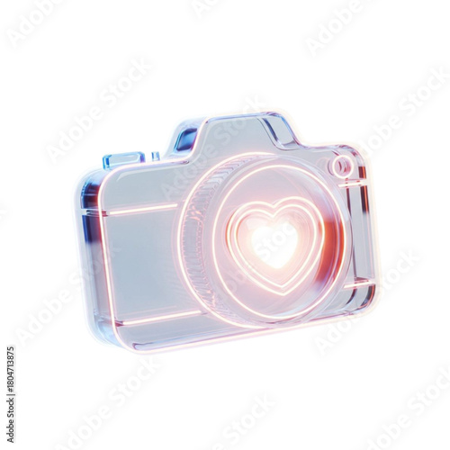 Minimalist 3D Glass Camera Icon with Glowing Heart Lens - Photography Love, Memories, and Valentine's Day Concept