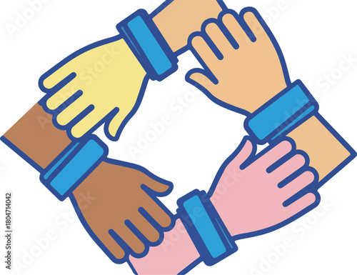 Diverse hands clasped together in a circle symbolizing unity and teamwork.