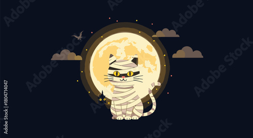 Mummy Cat Halloween Illustration A Whimsical Feline Wrapped in Bandages.