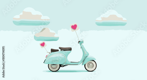 Pastel Blue Scooter with Heart Balloons and Clouds Illustration.