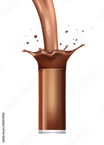 3d dark chocolate bar. Liquid splash. Cocoa dessert. Delicious melt drops. Pouring choco milk drink into glass. Fluid flow with splatters. Cooking ingredient. Vector sweet realistic object