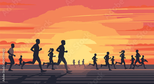 Silhouetted Runners at Sunset A Marathon of Determination and Endurance.