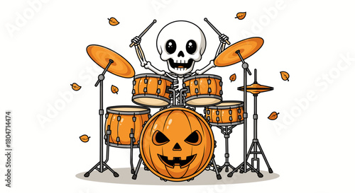 Skeleton Drummer with Pumpkin Bass Drum for Halloween.