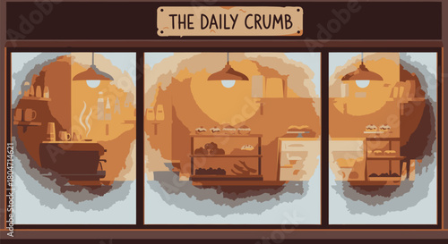 The Daily Crumb Bakery Shopfront Illustration with Warm Interior Lighting.