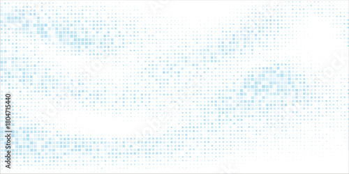 Blue and white pixel background. Abstract digital pattern with a grid of square elements. Futuristic dotted grid with a gradient effect.