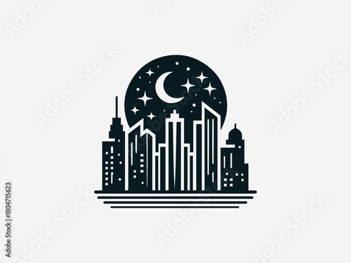 Night city skyline formed with clean bold shapes illustrated in modern black vector logo design