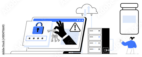 Hand stealing keys from locked laptop screen highlighting a data security breach risk. Server, cloud, and alert icons emphasize cybersecurity. Ideal for technology, privacy, prevention, hacking, IT