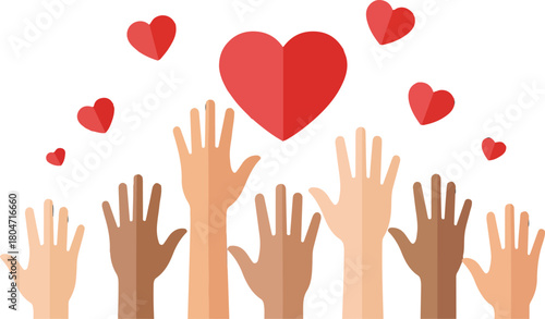 Diverse Hands Reaching Upwards Towards Hearts Symbolizing Love and Unity.