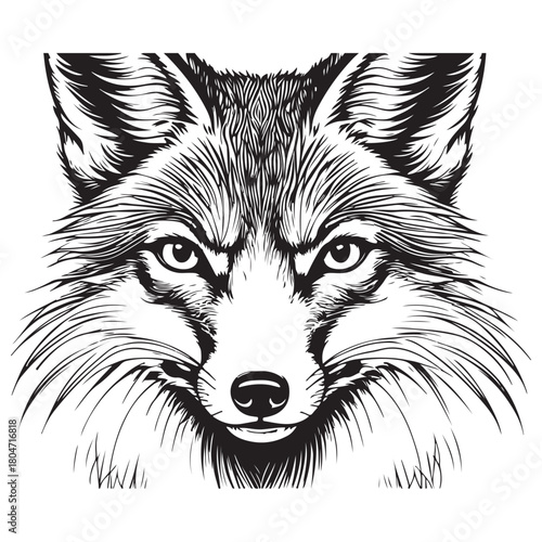 Detailed Line Art Fox Head Illustration in Black and White
