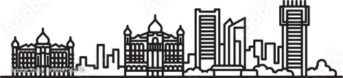 Mumbai skyline vector linear illustration with famous building landmarks in india