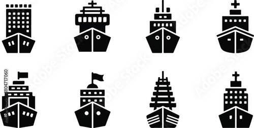 Set of Ship Icons Front View of Various Vessel Designs.