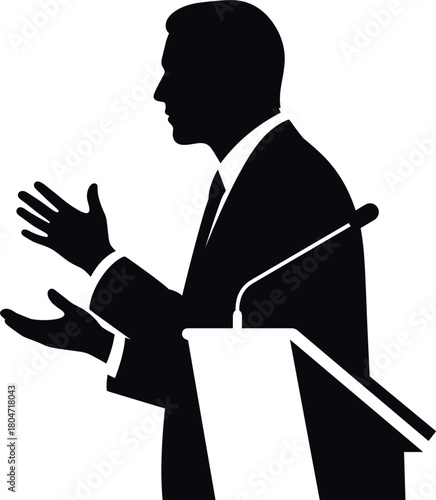 CEO giving keynote speech silhouette Black silhouette of a man in a suit speaking at a podium with a microphone