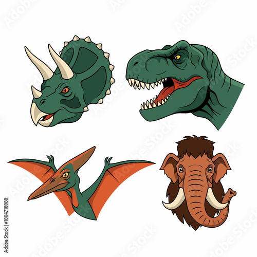 Cartoon illustration dinosaur prehistoric creatures triceratops tyrannosaurus pterodactyl mammoth