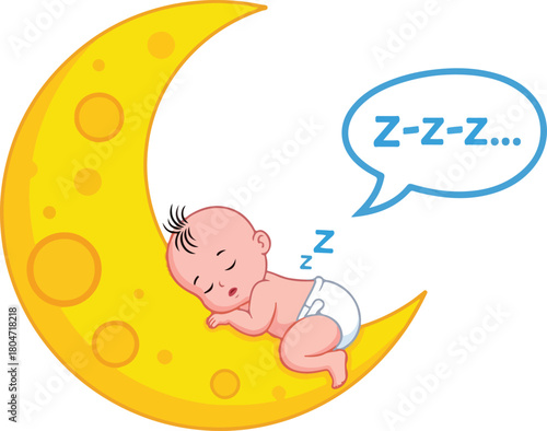 Sleeping baby peacefully resting on a crescent moon with a dream bubble.