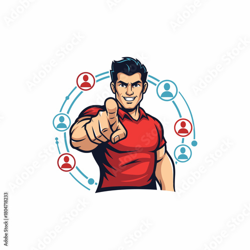 Cartoon man character pointing at viewer surrounded by network circles
