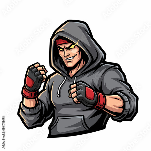 Cartoon vector fighter character with boxing gloves and determined expression