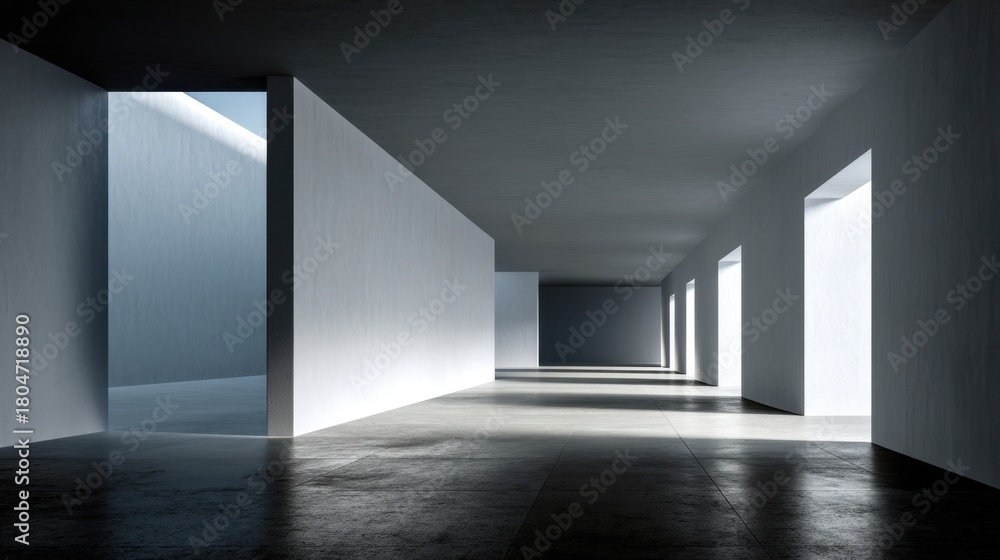 Fototapeta premium Minimalist interior design of modern empty space with bright light shining through open doors and windows creating a serene and spacious atmosphere
