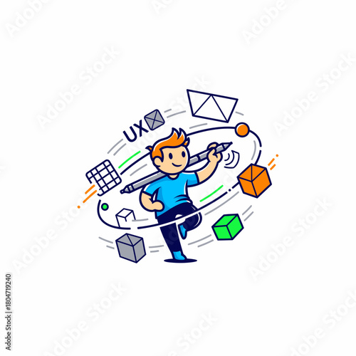 Flat vector UX designer creating user interfaces with floating elements