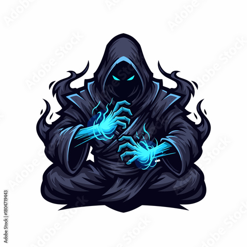 Illustration dark cloaked figure manipulating energy emanating from glowing hands