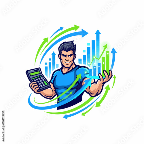 Illustration finance man holding calculator with rising arrow graphs background