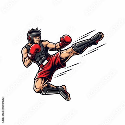 Illustration martial arts fighter executing dynamic high kick motion combat