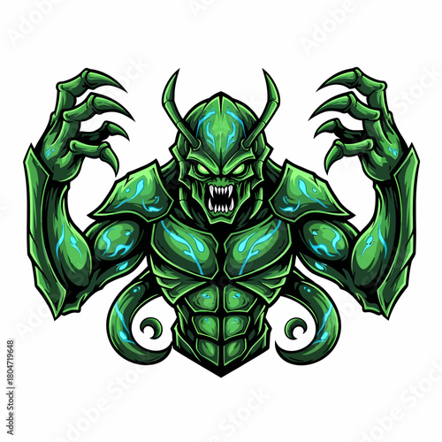 Illustration menacing green beetle warrior with claws and sharp teeth
