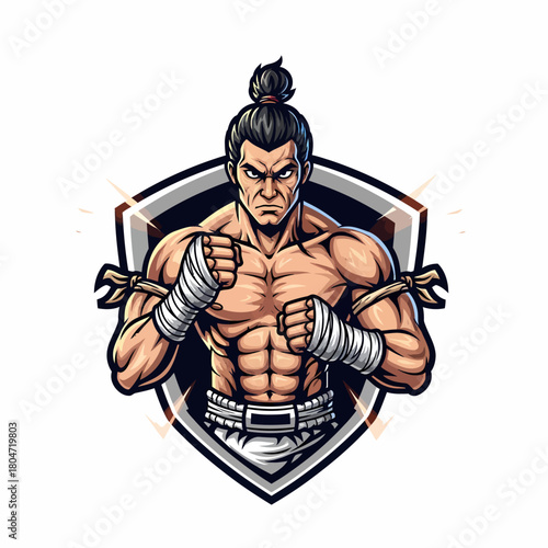 Illustration of a muscular fighter poised in a defensive stance before the shield