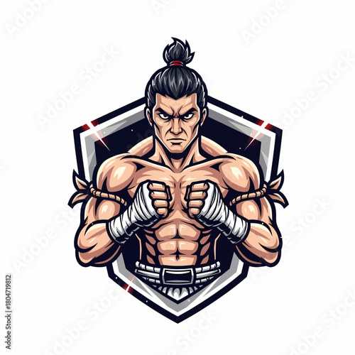 Illustration of a muay thai fighter with traditional wraps ready combat