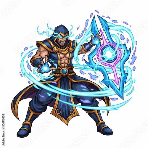 Illustration of a powerful sorcerer casting magic shield with energy effects