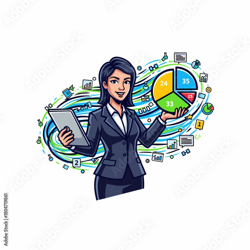 Illustration of confident businesswoman holding pie chart and digital tablet