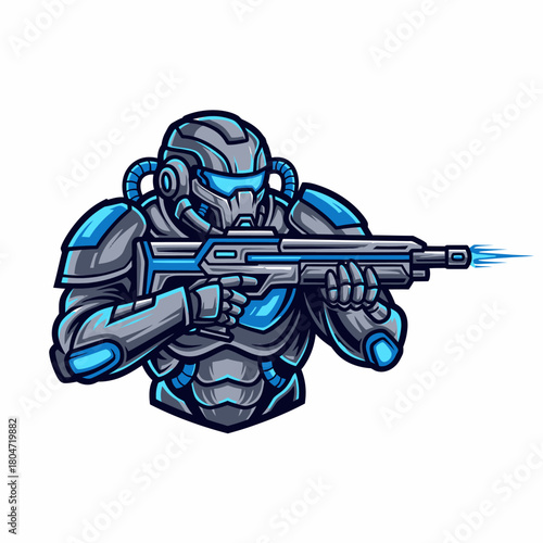 Illustration of futuristic armored warrior aiming energy rifle weapon
