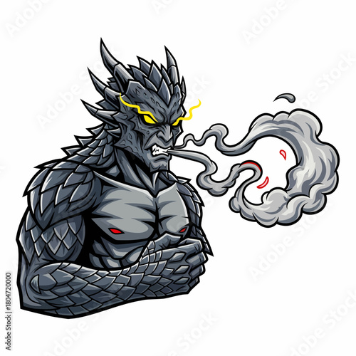 Illustration powerful dragon exhaling smoke with angry expression cartoon design