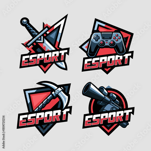 Vector esport gaming logos set featuring sword controller pickaxe rifle designs