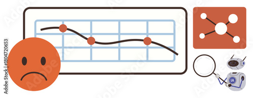 Sad face beside a downward-sloping line chart, data network icon, robot, and magnifying glass emphasizing analysis, performance, trends, AI research, problem-solving. Ideal for data business
