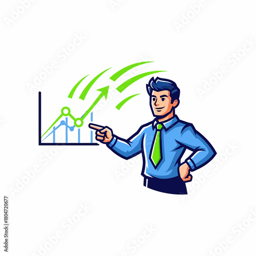 Cartoon businessman presenting growth chart with upward trend indication illustration